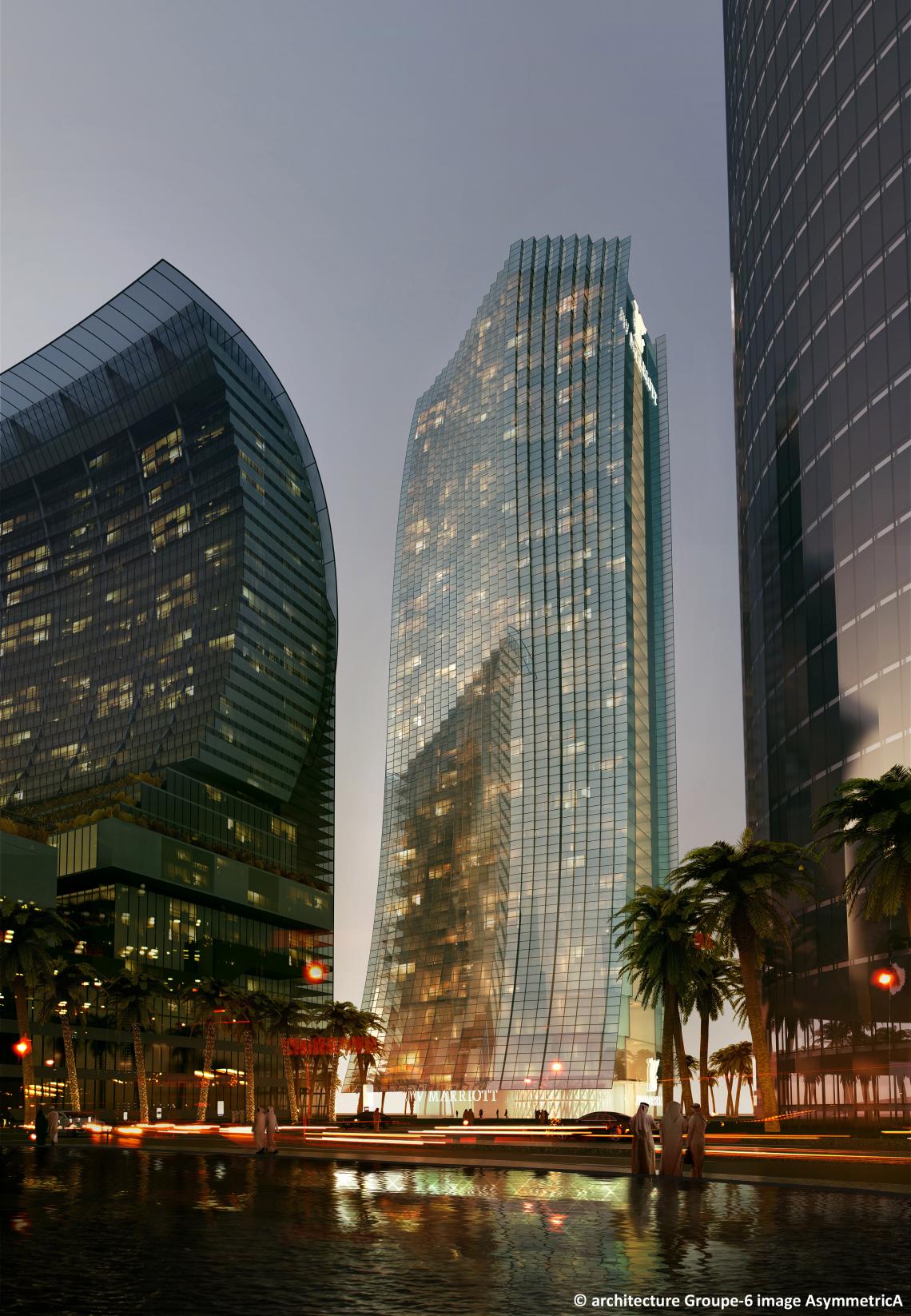 Architectural perspective © Groupe6_AsymmetricA Mixed-use tower and hotel in Bahrain