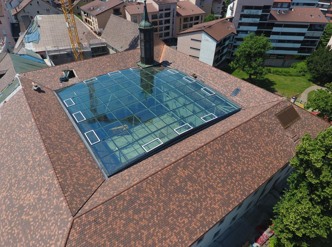 Glass roof in Thonon-les-Bains, drone view