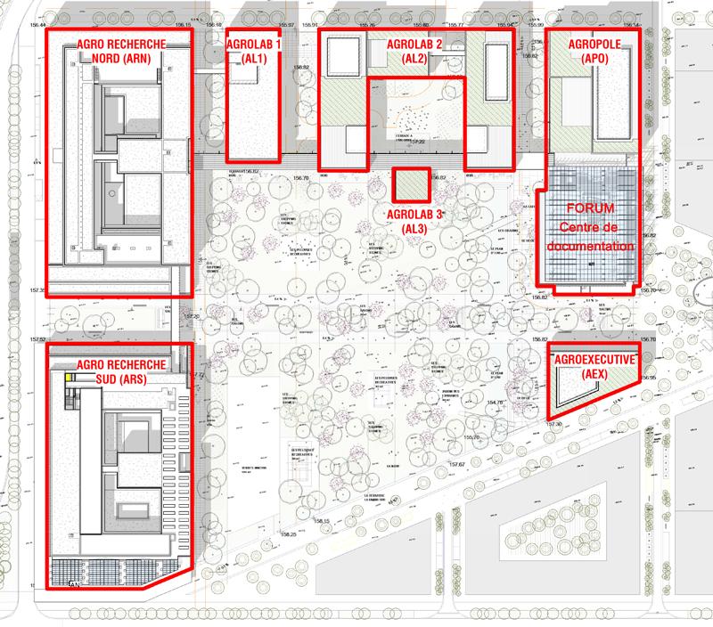 Campus AgroParisTech Plan repérage bâtiments © Mimram architecture Campus AgroParisTech Bureau d'études façade
