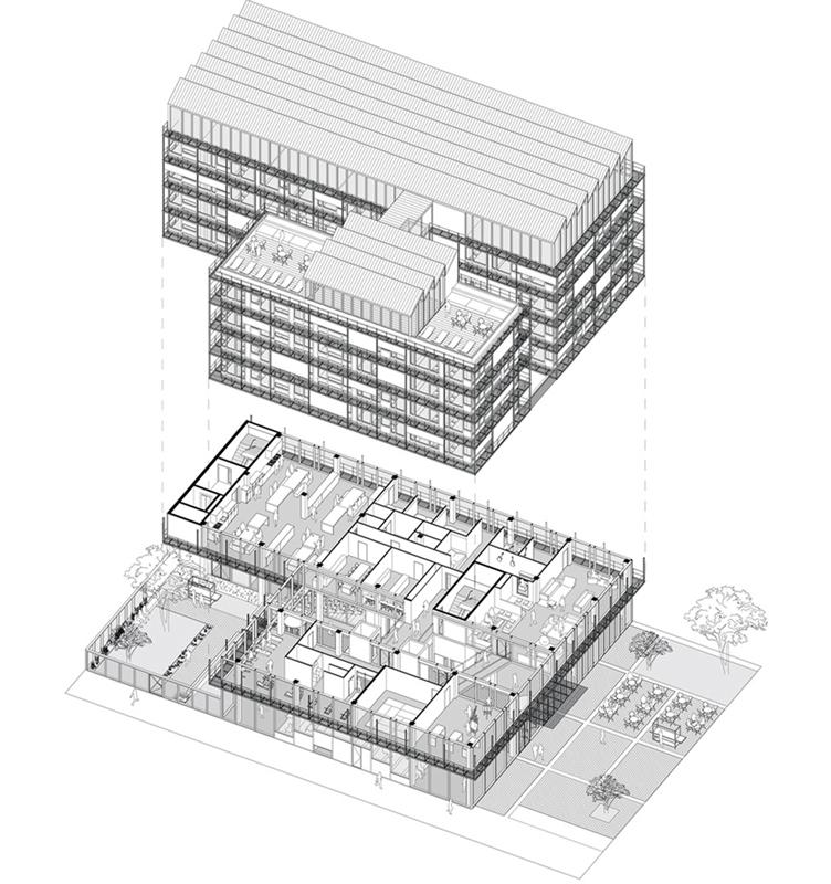 Hôtel Transfert axonométrie © Think Tank architecture Hôtel Transfert BET façade et structure