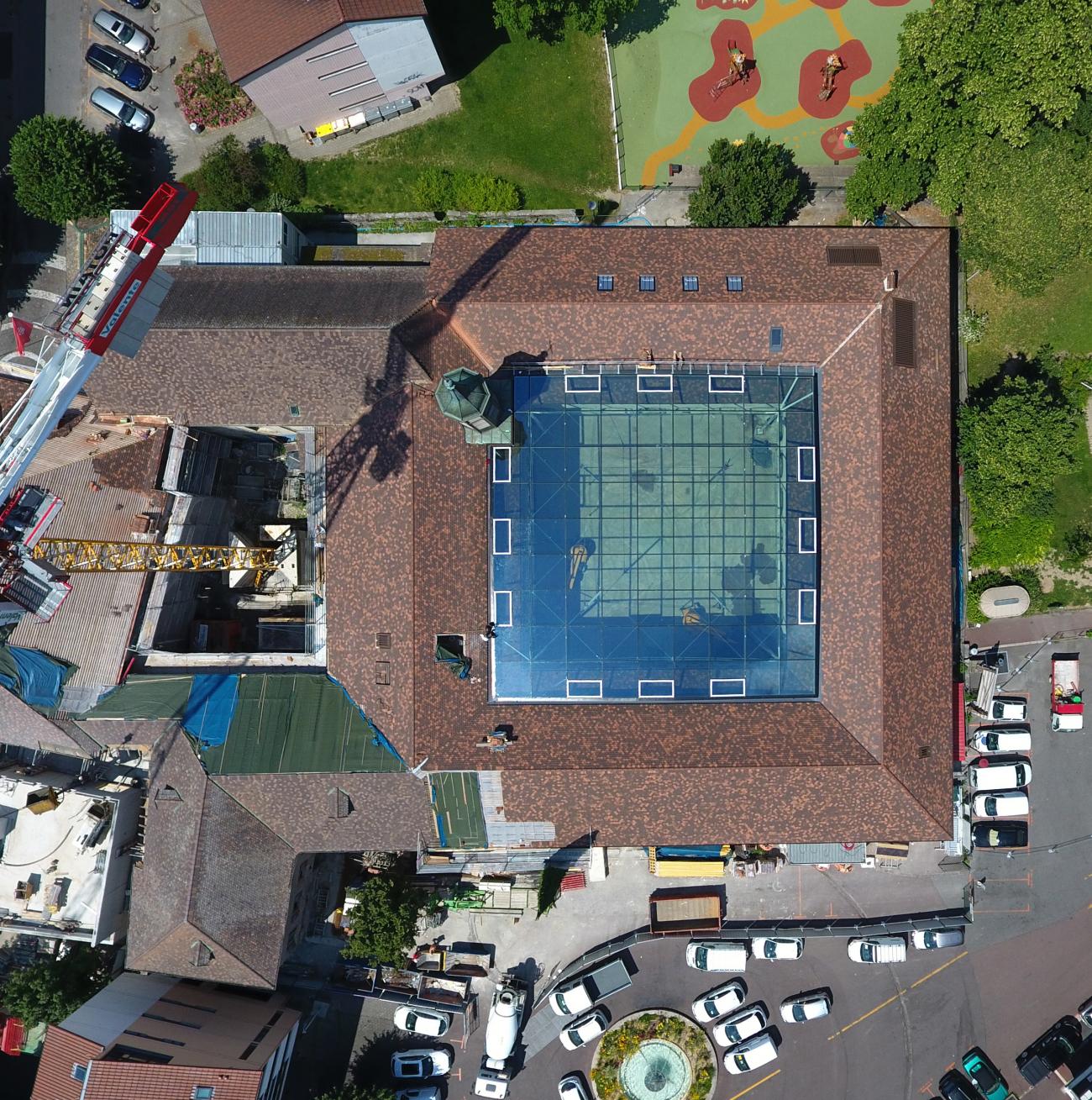 Glass roof in Thonon-les-Bains, drone view of cultural centre